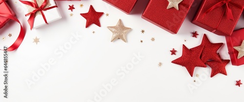Christmas composition flatlay. decorative border. Winter composition of red gift Decorative on white table. Festive background.