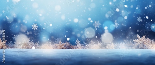 Christmas banner, Christmas background with Xmas tree and sparkle bokeh lights winter landscape snowflakes © VeloonaP