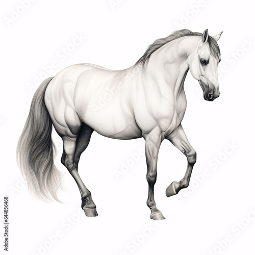 An elegant white horse, its beauty accentuated, isolated against a pure white background.