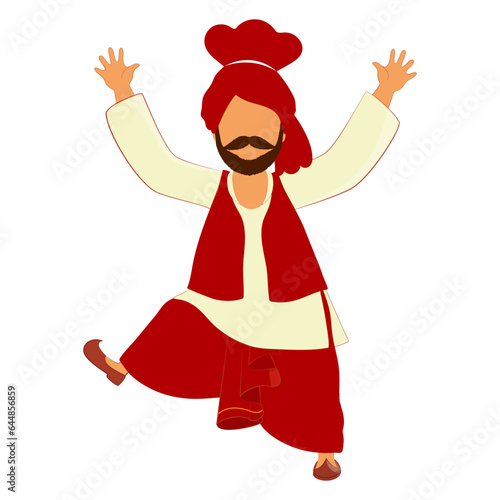 Cartoon Punjabi Man Playing Bhangra Dance Over White Background.