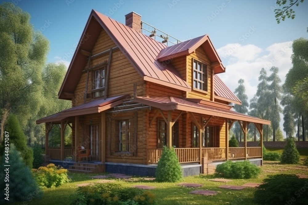 Wooden country house with cozy interior, spacious living room and kitchen area, large windows, second floor bedroom. Generative AI