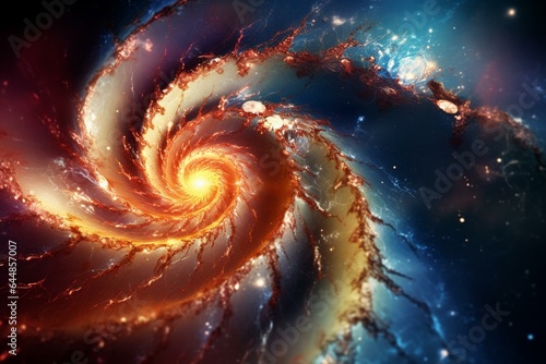 Spiral galaxy showcasing celestial wonders, including a dark void, nebula swirl, abundant celestial bodies. Generative AI photo