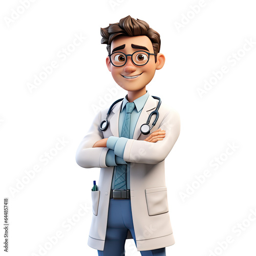 3D Happy cartoon doctor. Cartoon doctor on transparent background. Generative AI