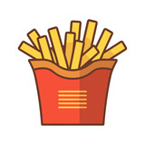 French fried potato in a red pack box. Fast food, junk. Cartoon vector illustration