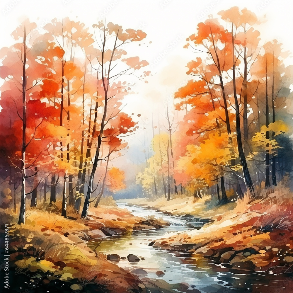 Beautiful watercolor autumn landscape, bright yellow and red forest on the bank of a small river, traditional autumn background, good seasonal wallpaper