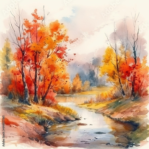 Beautiful watercolor autumn landscape, bright yellow and red forest on the bank of a small river, traditional autumn background, good seasonal wallpaper