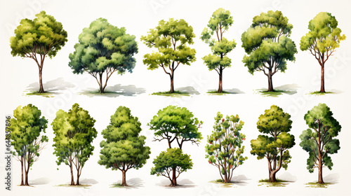 A collection of isolated trees on a white background forms a diverse set of plants.