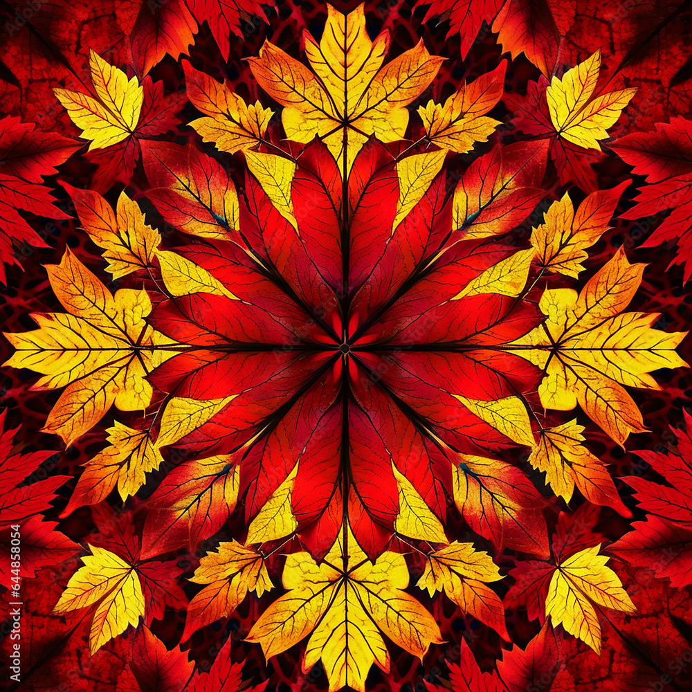 Autumn kaleidoscope pattern, yellow and red leaves background, beautiful wallpaper, golden autumn