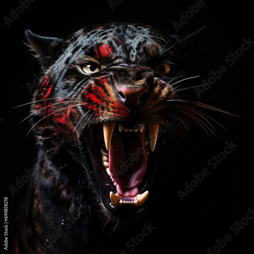 Scary head of an evil panther with a bared mouth with large fangs, stained with blood, a predatory beast, on a black close-up, Halloween background photo