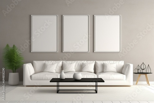 Contemporary living room with empty frame on wall for art display. Clean design. Generative AI