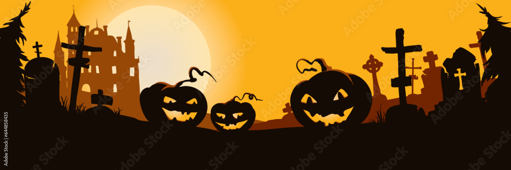 Funny pumpkin lanterns in a gloomy graveyard. Vector illustration, backgrounds for Halloween.