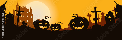 Funny pumpkin lanterns in a gloomy graveyard. Vector illustration  backgrounds for Halloween.