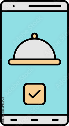 Check Food Shopping Website In Smartphone Screen Tricolor Icon.
