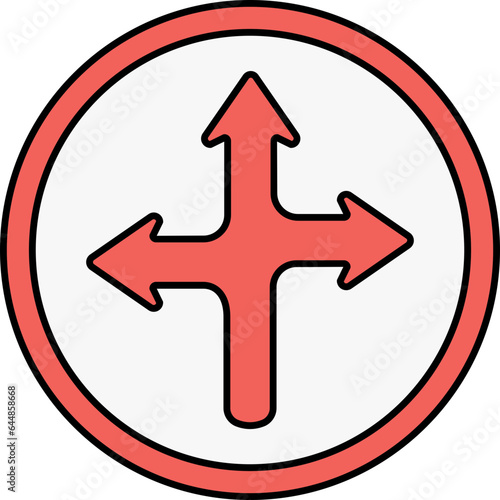 Three Direction Arrow Round Icon In Red Color.