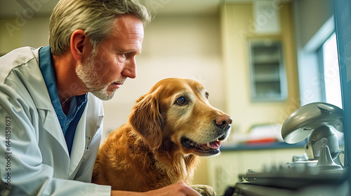 veterinary clinic, vet checks the health of a dog
