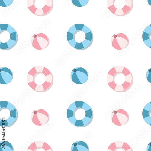 Seamless summer pattern with beach ball and inflatable circle.