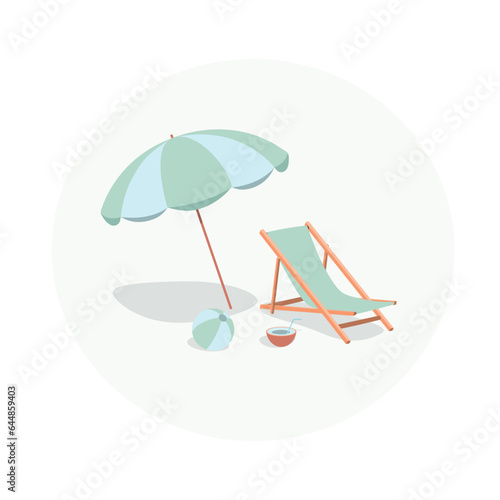 Summer tropical vector illustration. Chaise longue, umbrella, ball, coconut.