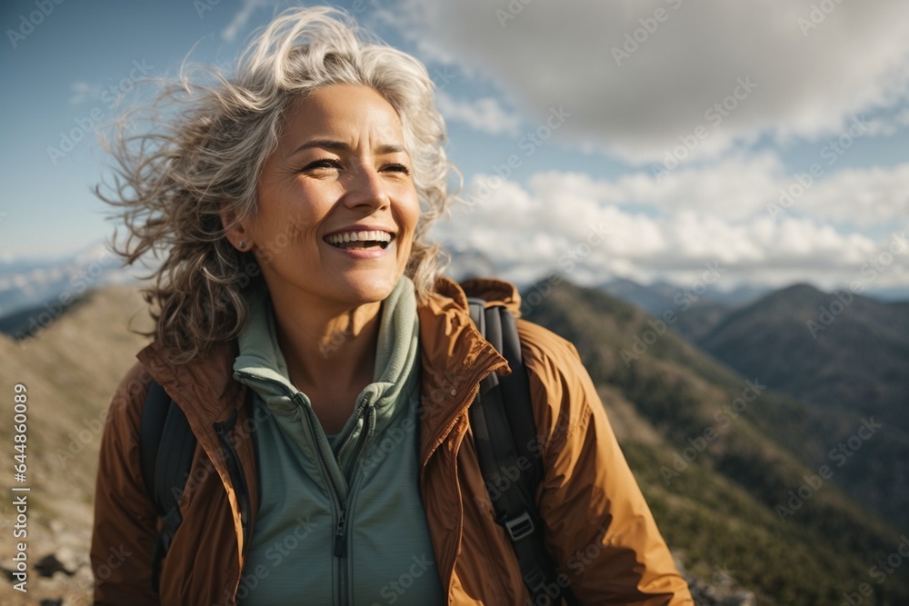 Happy senior woman with raised hands standing on top of a mountain. Happy senior woman with raised hands standing on top of a mountain.