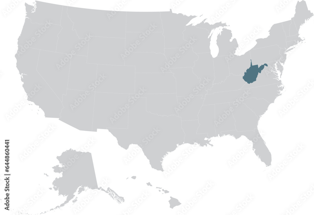 Blue Map of US federal state of West Virginia within gray map of United States of America