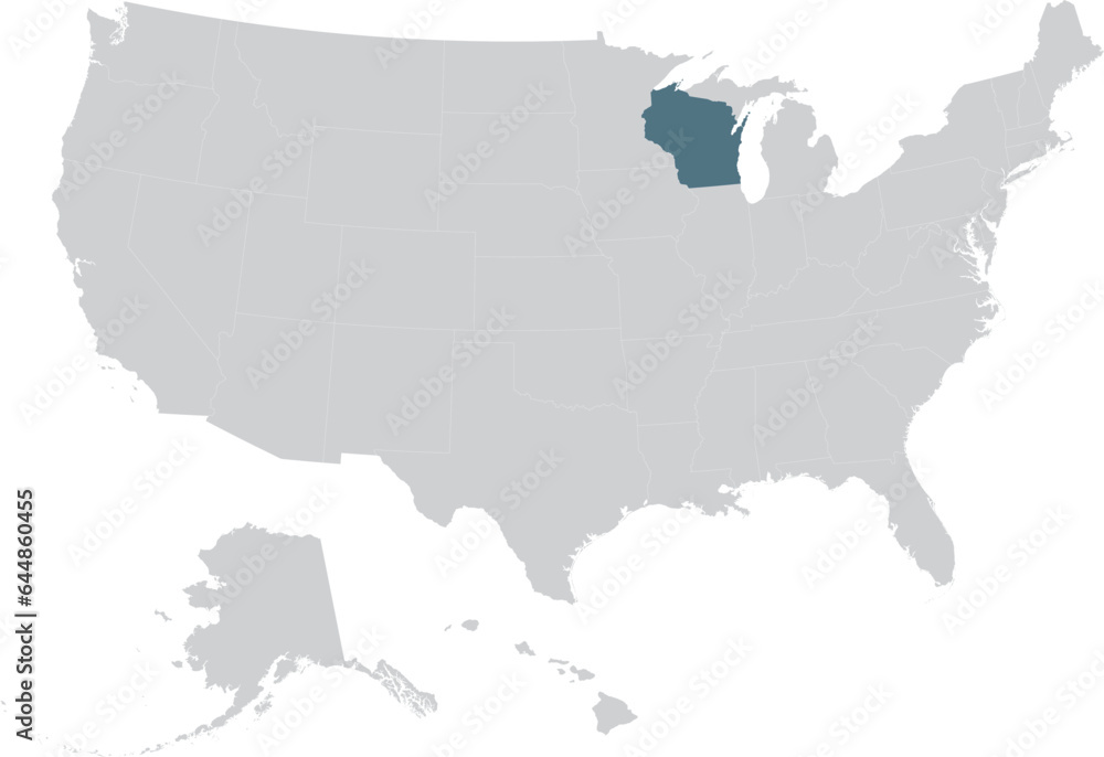 Obraz premium Blue Map of US federal state of Wisconsin within gray map of United States of America