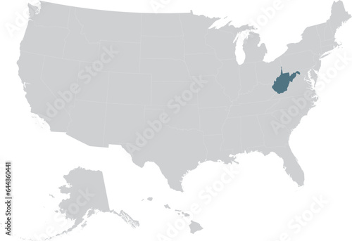 Blue Map of US federal state of West Virginia within gray map of United States of America