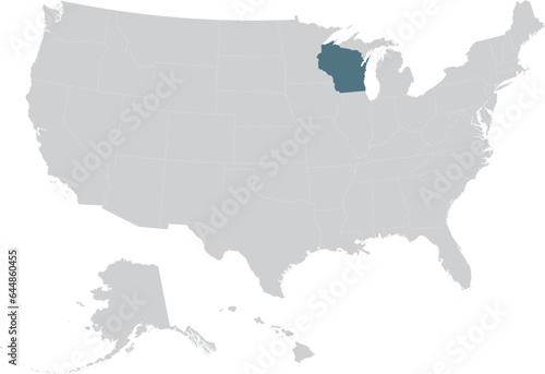 Blue Map of US federal state of Wisconsin within gray map of United States of America