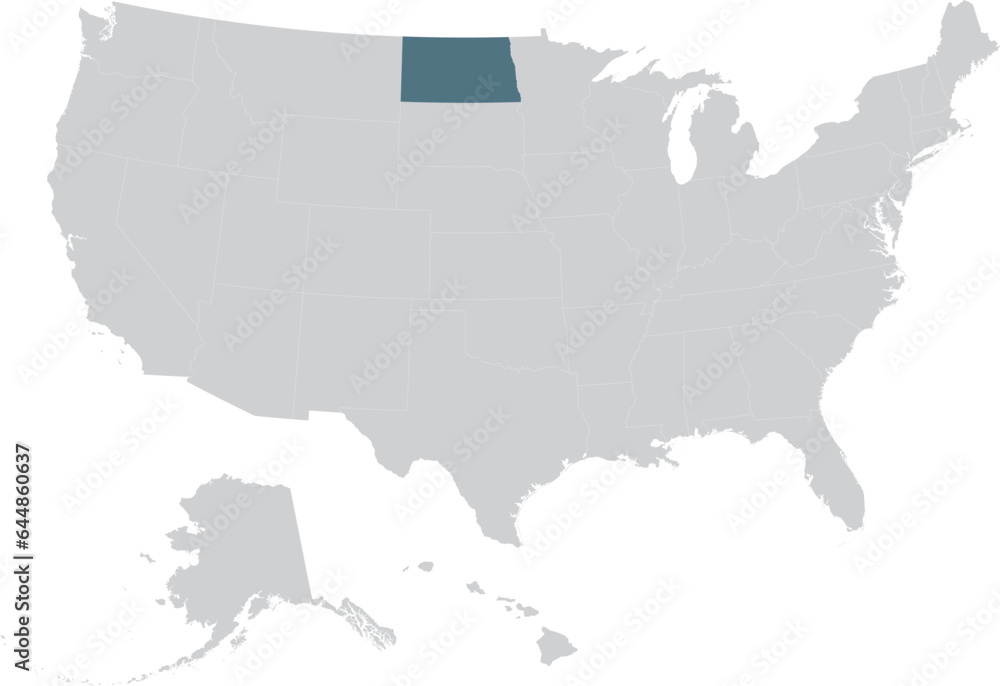 Blue Map of US federal state of North Dakota within gray map of United States of America