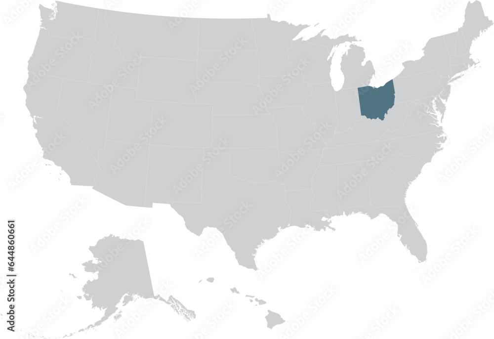 Blue Map of US federal state of Ohio within gray map of United States of America