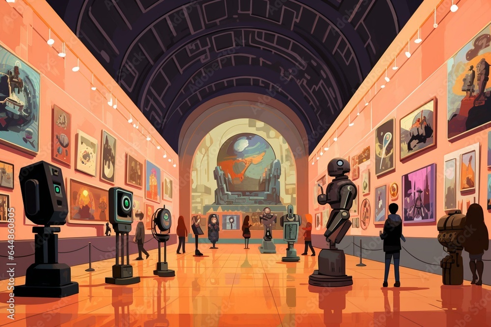 Illustration of a museum and gallery filled with robot art. Generative AI