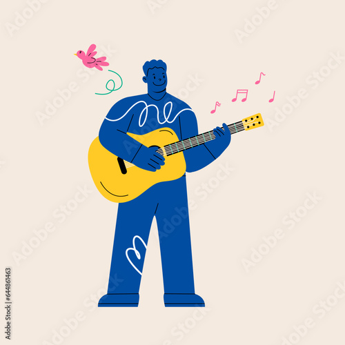 Man performing music on acoustic guitar. Colorful vector illustration