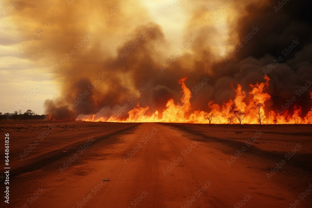 Fire in the Australian desert, road. Generative AI