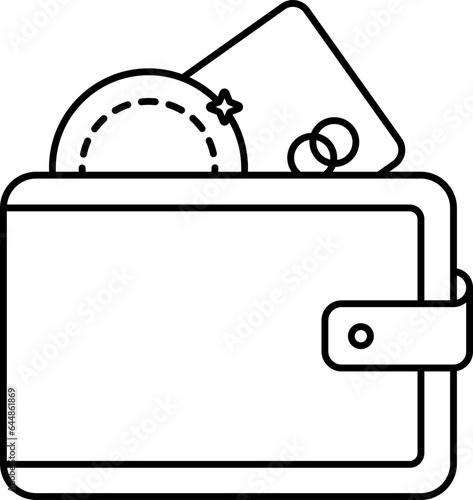 Black Linear Coin With Payment Card In Wallet Icon.