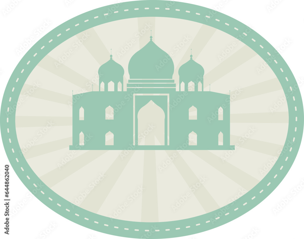 Pastel Green And Grey Illustration Of Taj Mahal In Oval Background.