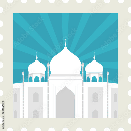 Grey Taj Mahal Against Blue Rays Background For Stamp Or Ticket, Sticker Design.