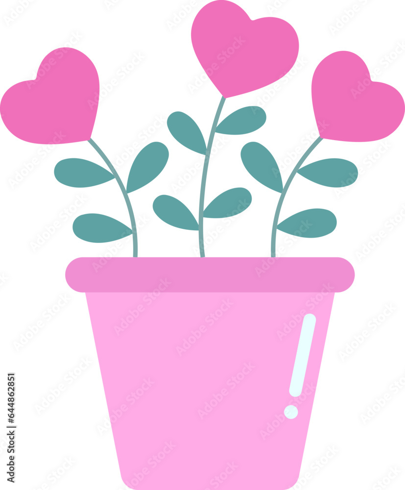 Flat Hearts Flower Pot Icon In Pink And Green Color. Flat Hearts Flower Pot Icon In Pink And Green Color.