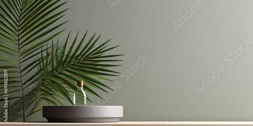 Minimalist cosmetic context for product display. Play of palm leaf shadow on plaster wall