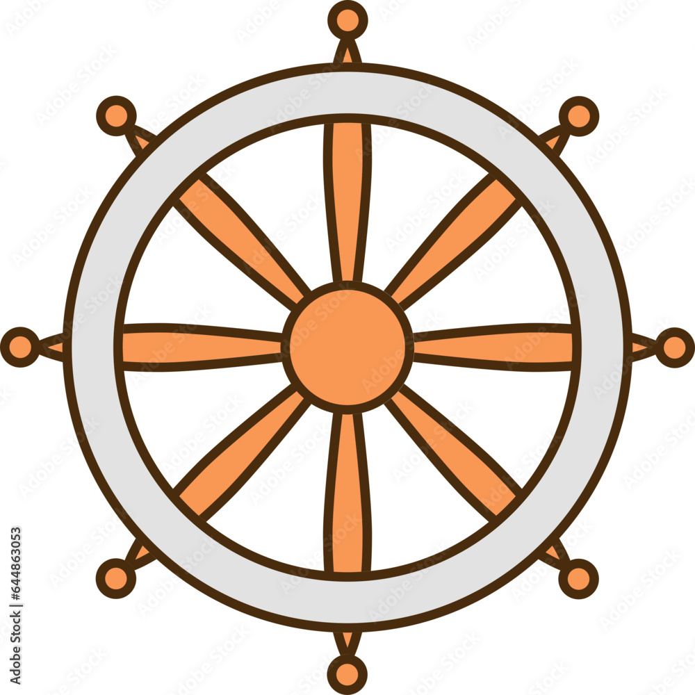 Grey And Orange Dharma Wheel Flat Icon.