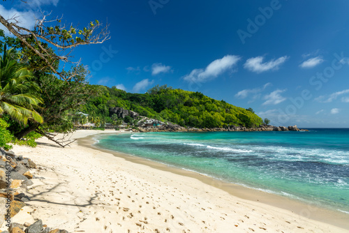 Anse Takamaka scenic tropical sand beach landscape in Mahé island, Seychelles