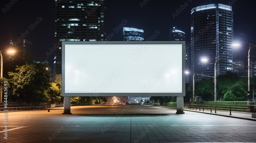 Blank white road billboard with  cityscape background at night time. Street advertising poster, mock up, 3D style. Ready for custom design. - obrazy, fototapety, plakaty 