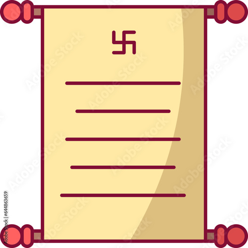 Scroll Letter With Swastika Symbol Or Icon In Red And Yellow Color.
