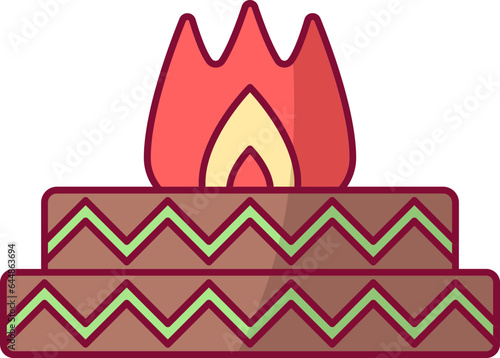 Burning Fire Pit (Agnikund) Icon In Brown And Green Color.