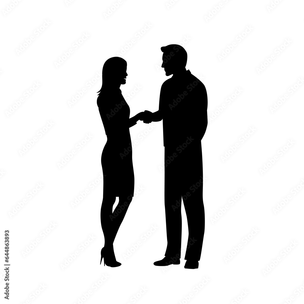 Silhouettes of young man and woman in full height shake hands. Vector illustration.