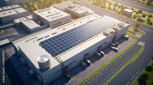 Aerial Perspective of a Contemporary Factory with Solar Panels on the Roof.
