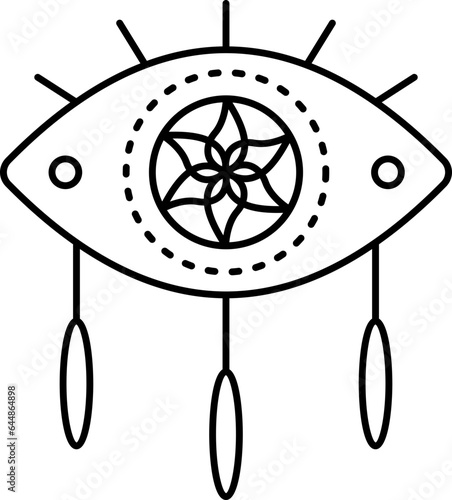 Isolated Eye Shaped Dream Catcher Icon In Line Art.