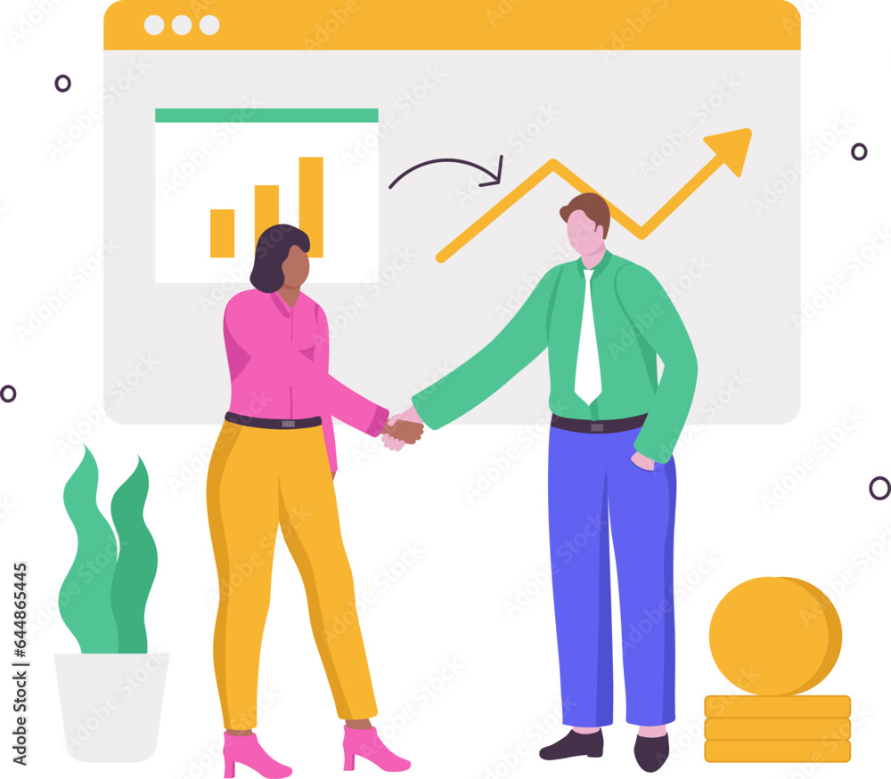 Cartoon Businessman And Woman Handshaking Each Other With Growth Chart Presentation On White Background.
