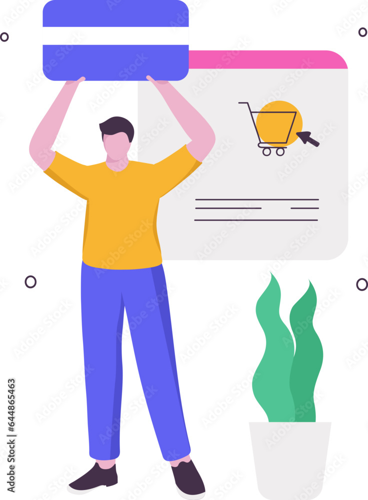 Online Shopping And Payment Concept With Faceless Man Standing And Plant Pot On White Background.