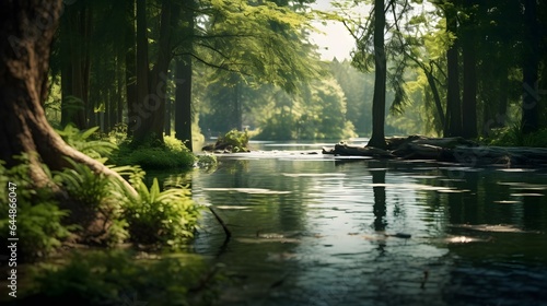 Enchanted Forest: Tranquil River Running Through Lush Greenery