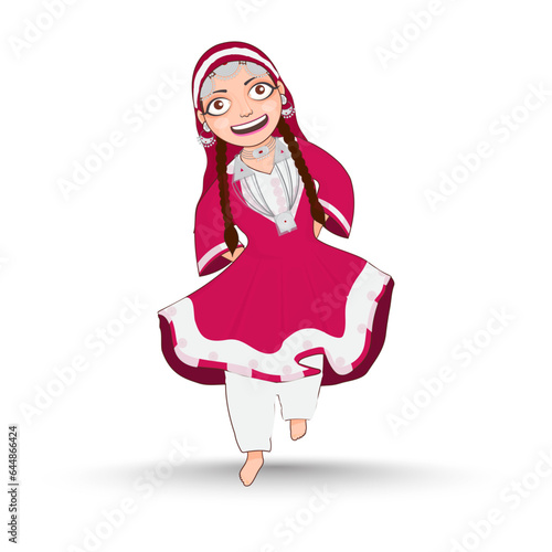Cheerful Young Girl Wearing Kashmiri Dress On White Background. photo