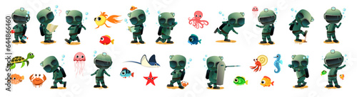 Underwater scuba diver at bottom of reservoir. set of characters and situations. Funny cartoon style. object isolated on white background. Vector