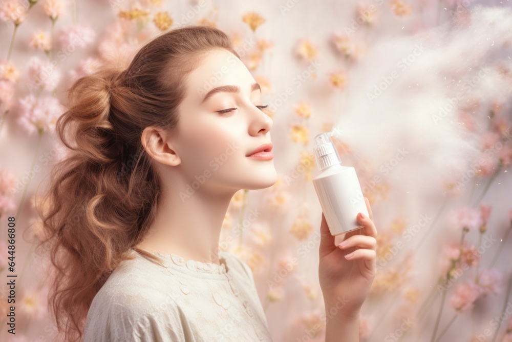 Portrait of a young attractive brown-haired woman with a bottle of air freshener inhaling a pleasant floral fragrance . Portrait of a young attractive brown-haired woman with a bottle of air freshener inhaling a pleasant floral fragrance .